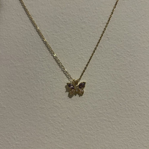 Butterfly necklace stainless steel with purple and pink crystals