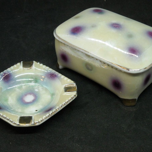 Vintage cigarette case set with porcelain ashtray used