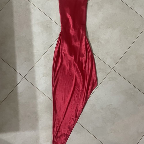 Marmalady satin long red dress with slit, size S