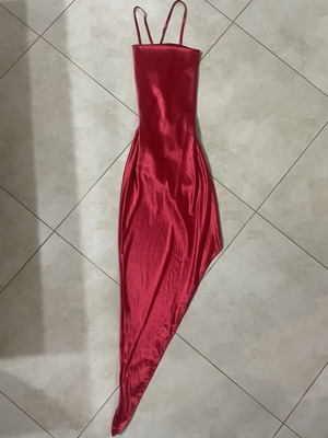 Marmalady satin long red dress with slit, size S