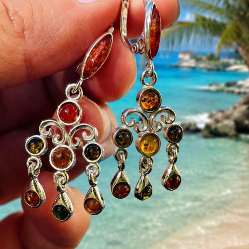 Multicolour Amber Earrings in Sterling Silver