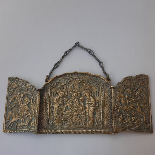 Russian Orthodox Triptych Icon Jesus Christ and Saint George brass like new