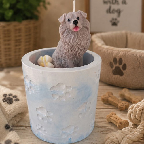 Handmade scented dog candle with reusable porcelain powder container
