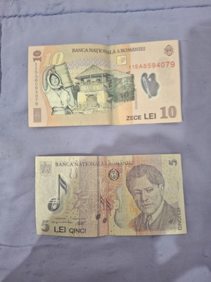Romanian banknotes 10 & 5 Lei used, set of two