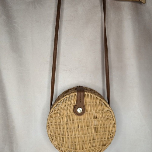 Zara round natural rattan crossbody bag with leather clasp
