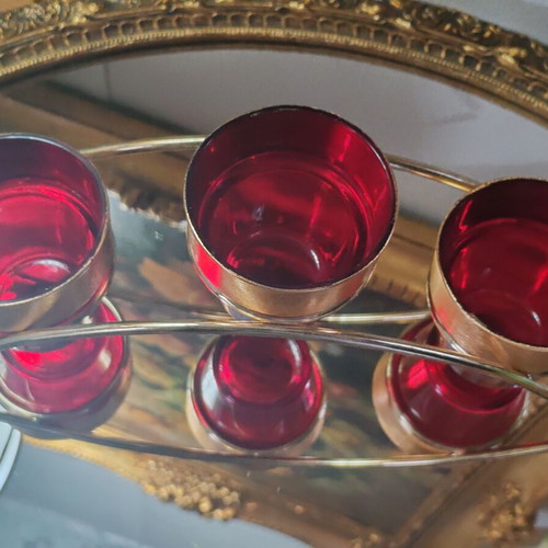 Vintage Carousel candle holder for 3 tealight candles, ruby glass and gold