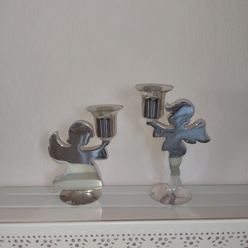 Fink Holyworker angel candle holders used, stainless steel silver, set of 2