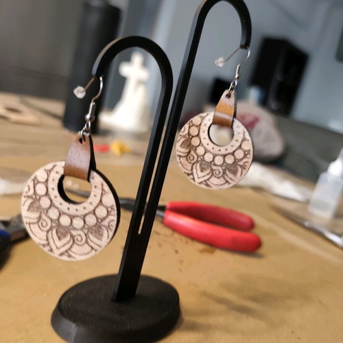 Wooden Mandala earrings with leather detail new