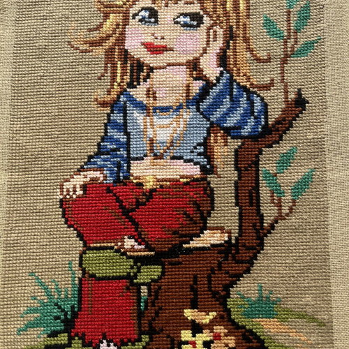 Handmade textile painting used, framed 0.44x0.22 m