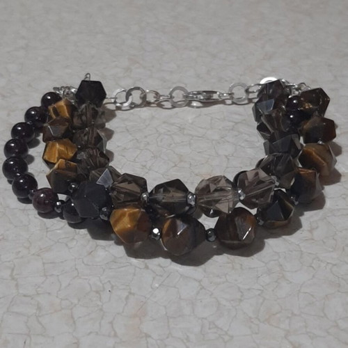 Silver 925 bracelet 3 rows with tiger eye, smoky quartz, garnet new