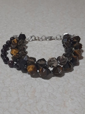 Silver 925 bracelet 3 rows with tiger eye, smoky quartz, garnet new