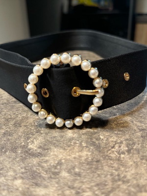 Black fabric belt with pearl buckle 87cm new