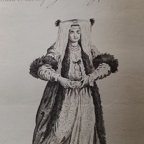 Copper engraving used, bridal dress of Greek lady with wedding customs description