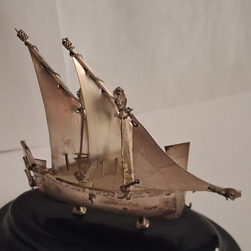 Maltese Dgħajsa Sailing Ship Sterling Silver 925 Miniature on Base