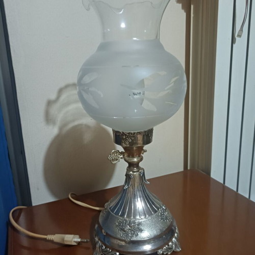 Vintage silver-plated table lamp with matte glass shade