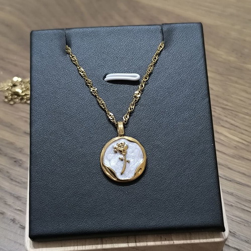 Necklace with Rose and White Pendant, Gold Color