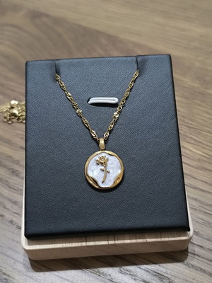 Necklace with Rose and White Pendant, Gold Color