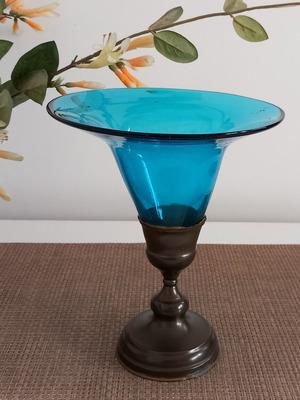 Vintage aqua blue vase with brass base like new