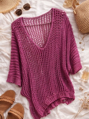 Knitted Italian Oversized Fuchsia Metallic Yarn Blouse medium, new