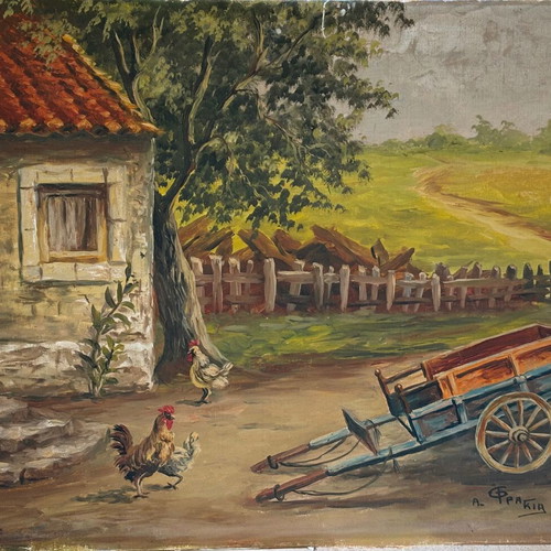 Oil painting A. Fragkia used, village theme without frame
