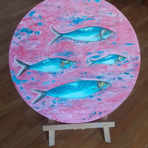 Handmade painting on driftwood new, 38 cm diameter