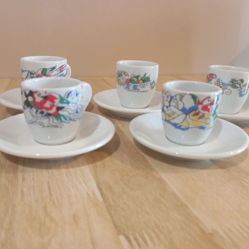 Loumidis Coffee Cups Set of 5 with Saucers, Like New, Signed by Dimitris Mytaras