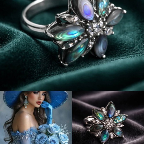 Vintage silver 925 ring with Abalone stones used, flower design