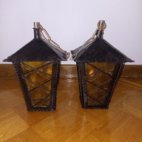 Metal outdoor and indoor lamps with yellow glass, set of 2