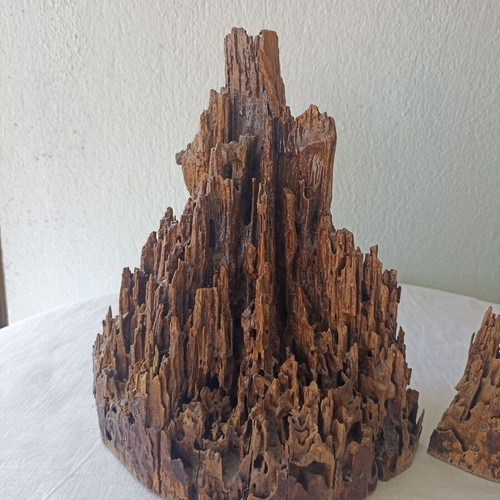 Carved wood pieces used with natural wear, set of 2