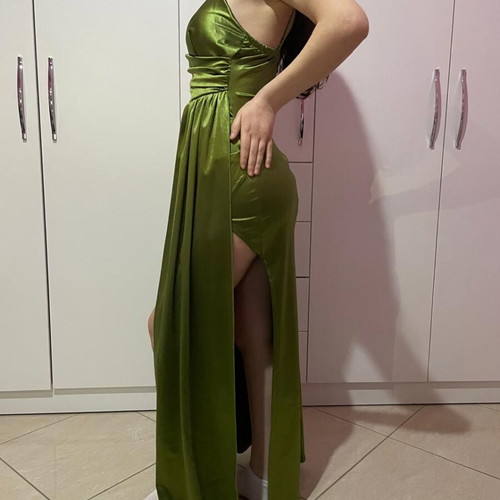Satin dress green XS new with draped bust and slit