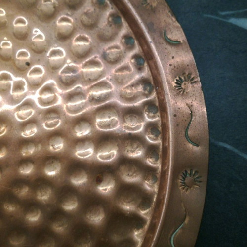 Copper serving set used, 4 pieces with embossed design
