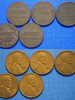 American 1 cent coins used, pack of 5 pieces 1956D-1963D