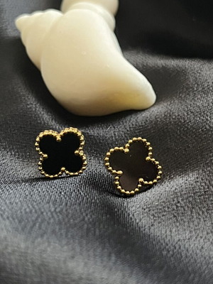 Earrings clover design with black enamel, new, steel and gold color