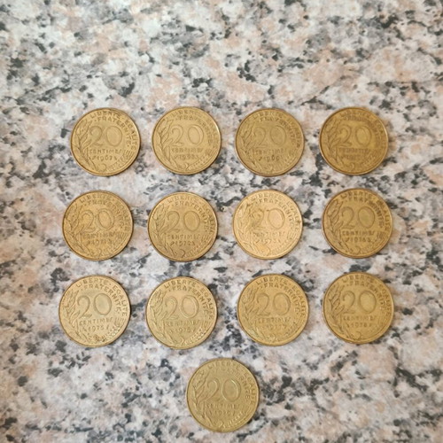 French coin collection used, 13 pieces 20 centimes 1967-1979