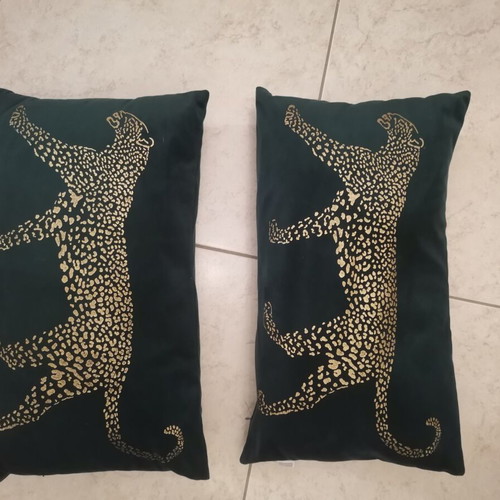 Modernhome velvet pillows with gold leopard print, pack of 2, dark green