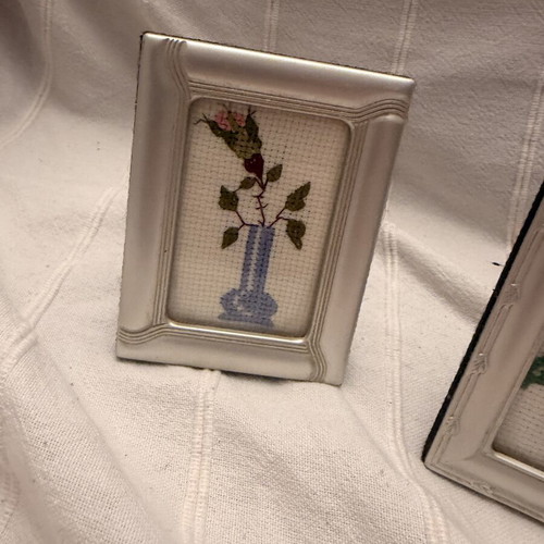 Cross stitch pictures used, set of 2 with frame, floral design
