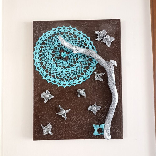 Handmade canvas frame with turquoise crochet and silver lotus stems, new