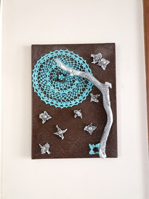 Handmade canvas frame with turquoise crochet and silver lotus stems, new