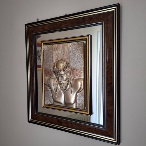 Religious icon The Crucifixion of Christ with 925 silver and gold details like new