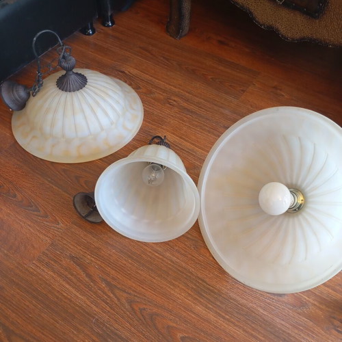 Vintage single pendant ceiling lights used with ribbed glass and bronze suspension