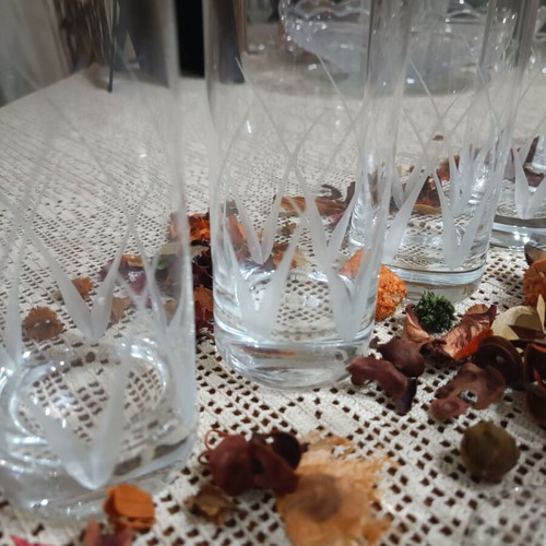 Glasses set like new with water, wine, and liqueur designs, 6 each