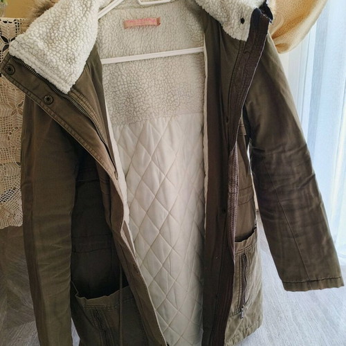 Khaki parka jacket used, size large