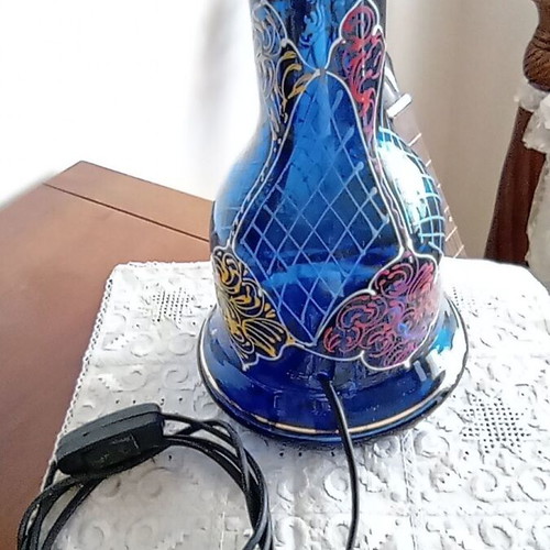 Vintage handmade table lamp with thick blue glass and brass, like new