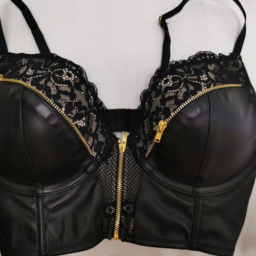 Leather-effect bustier with lace and gold zippers