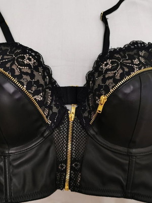 Leather-effect bustier with lace and gold zippers