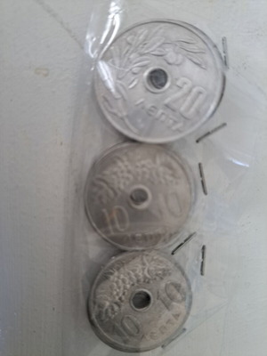 Greek coins used, pack of 9 with holes, 6 ten lepta and 3 twenty lepta