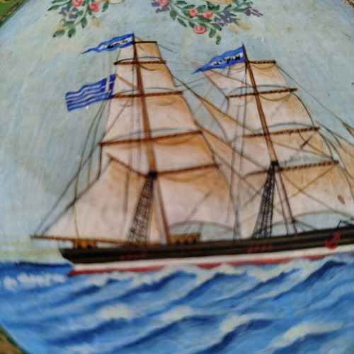 Wooden box with hand-painted Greek sailboat, like new
