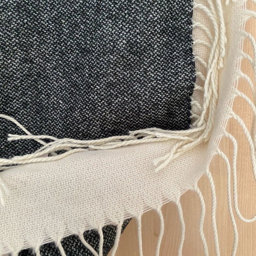 Scarf like new with gray and beige color combination and fringes
