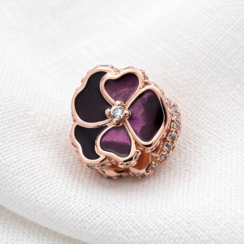 Pandora Deep Purple Pansy Flower Charm new with 14K rose gold and cubic zirconia