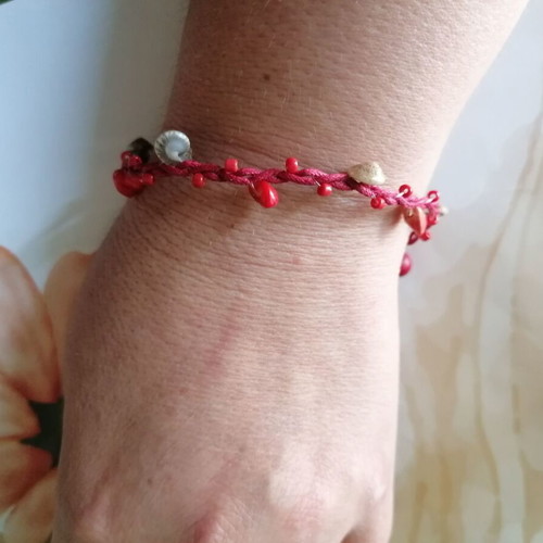 Handmade anklet new with natural corals, shells and red waxed thread